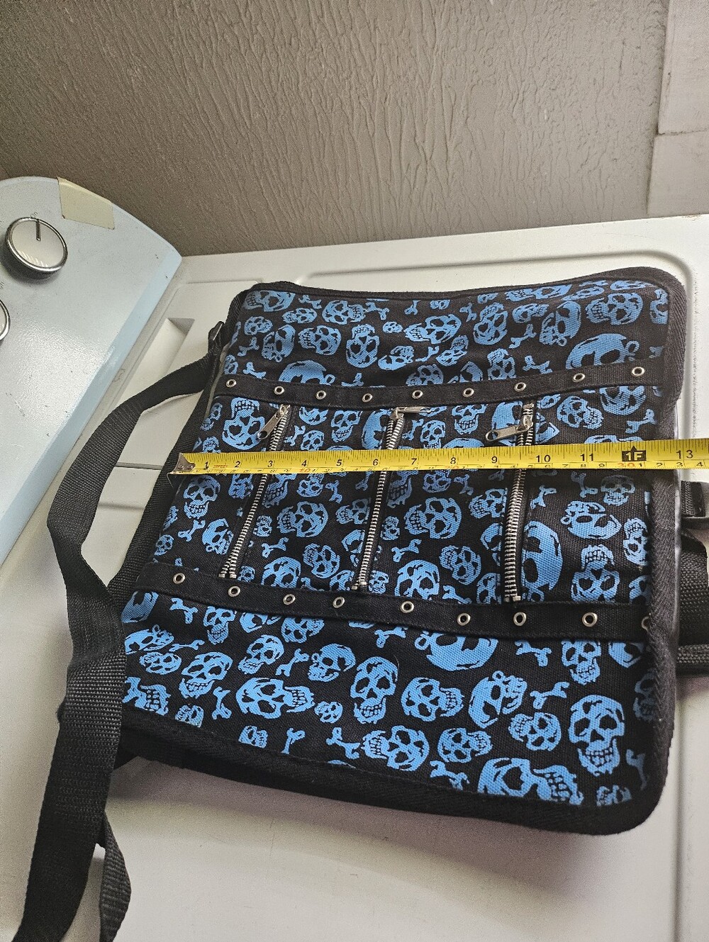 Demonia Blue Skull Print Crossbody Messanger Bag with Zipper Accents - Picture 7 of 9
